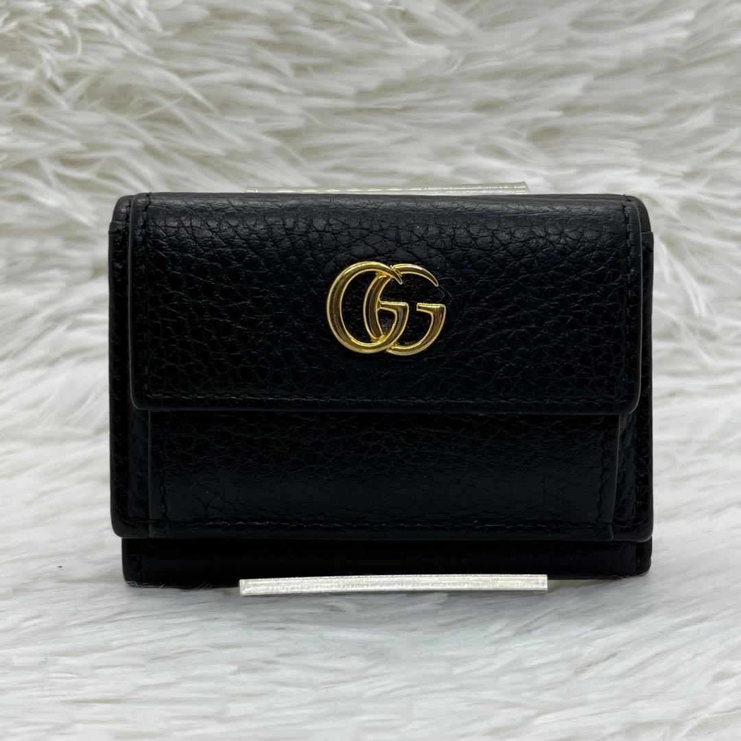 美品✨️グッチ 三つ折り財布 レザー GGマーモント ゴールド金具 ブラック