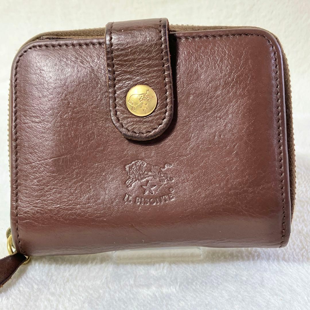 【美品】 IL BISONTE 2つ折り財布 レザー ラウンドジップ ブラウン