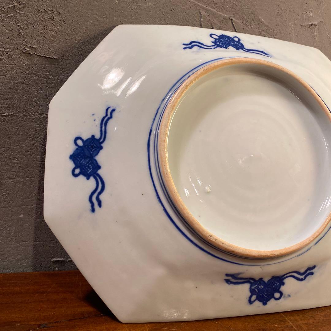 明治 時代物 古伊万里 有田焼 印判八角皿 孔雀 花鳥 骨董品