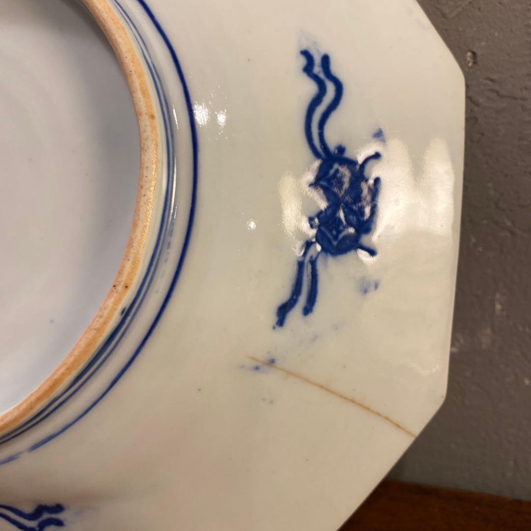 明治 時代物 古伊万里 有田焼 印判八角皿 孔雀 花鳥 骨董品