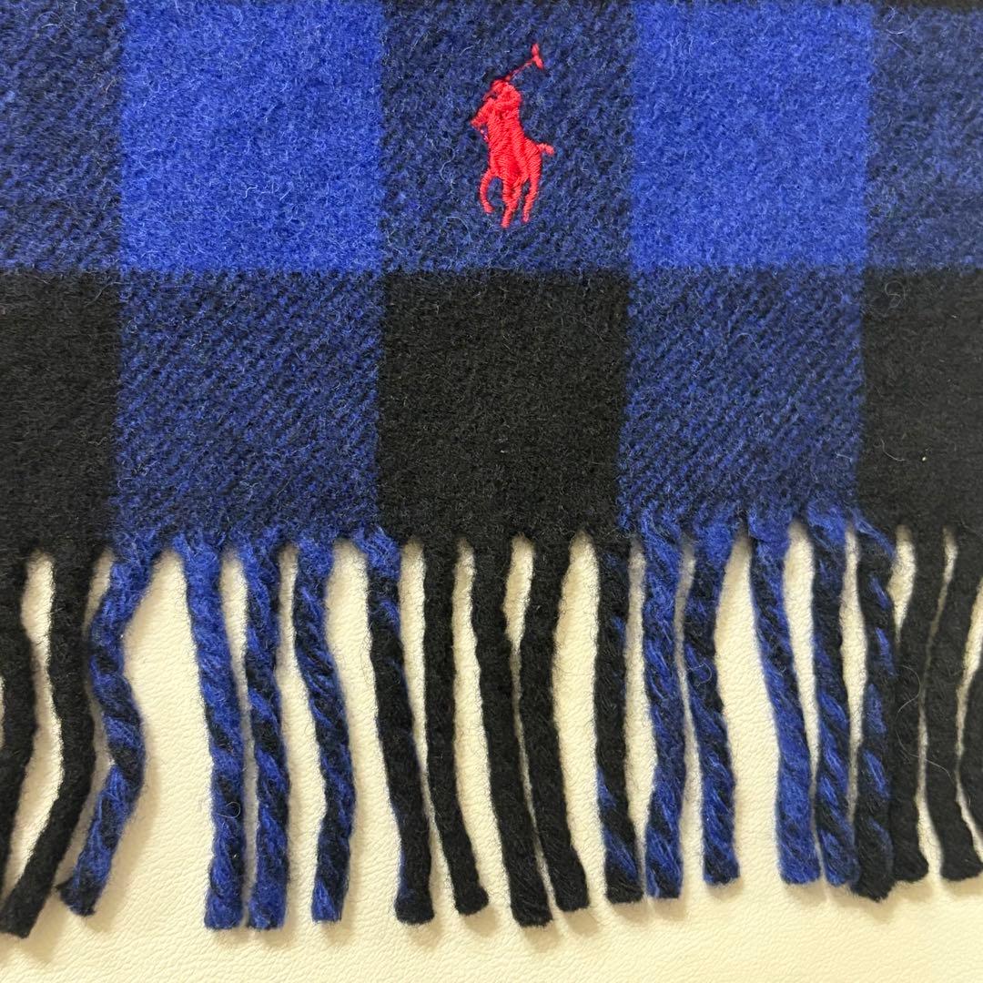 美品 ポロラルフローレン マフラー ロゴ刺繍 イタリア製 青チェック