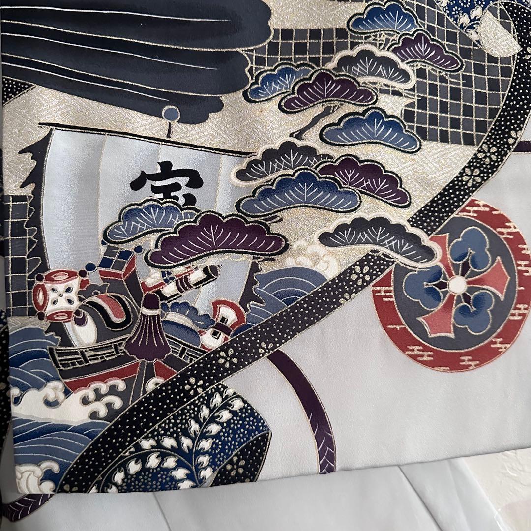 正絹・日本製 男の子 祝い着／お宮参り着物 鷹・宝船 五つ紋 長襦袢付き 七五三