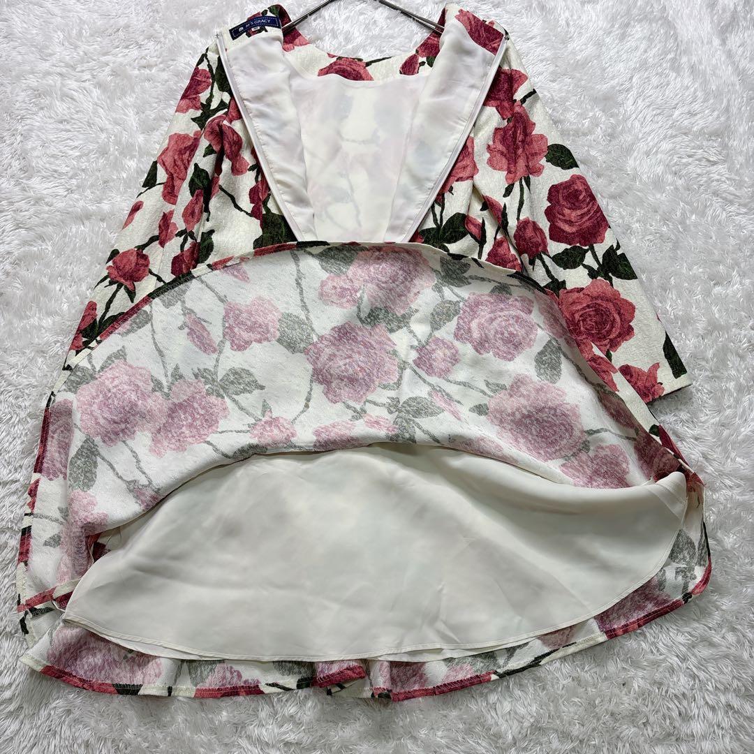 ✨美品✨エムズグレイシー 膝丈ワンピース 花柄 ローズ 長袖 サイズ 40／L