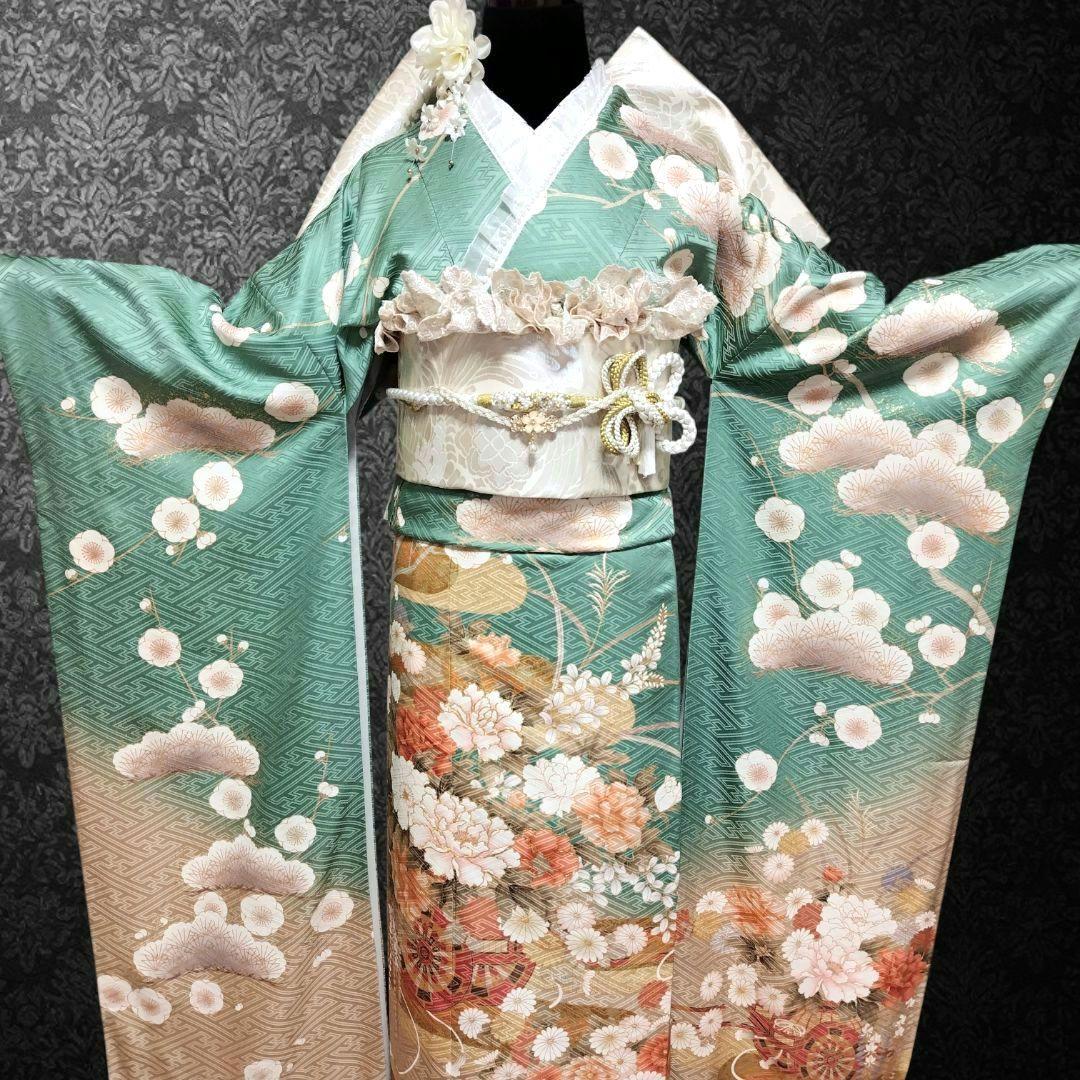 振袖フルセット(8点)・成人式・金駒刺繍・牡丹・ミントグリーン・くすみカラー