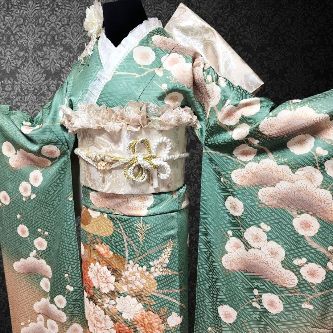 振袖フルセット(8点)・成人式・金駒刺繍・牡丹・ミントグリーン・くすみカラー