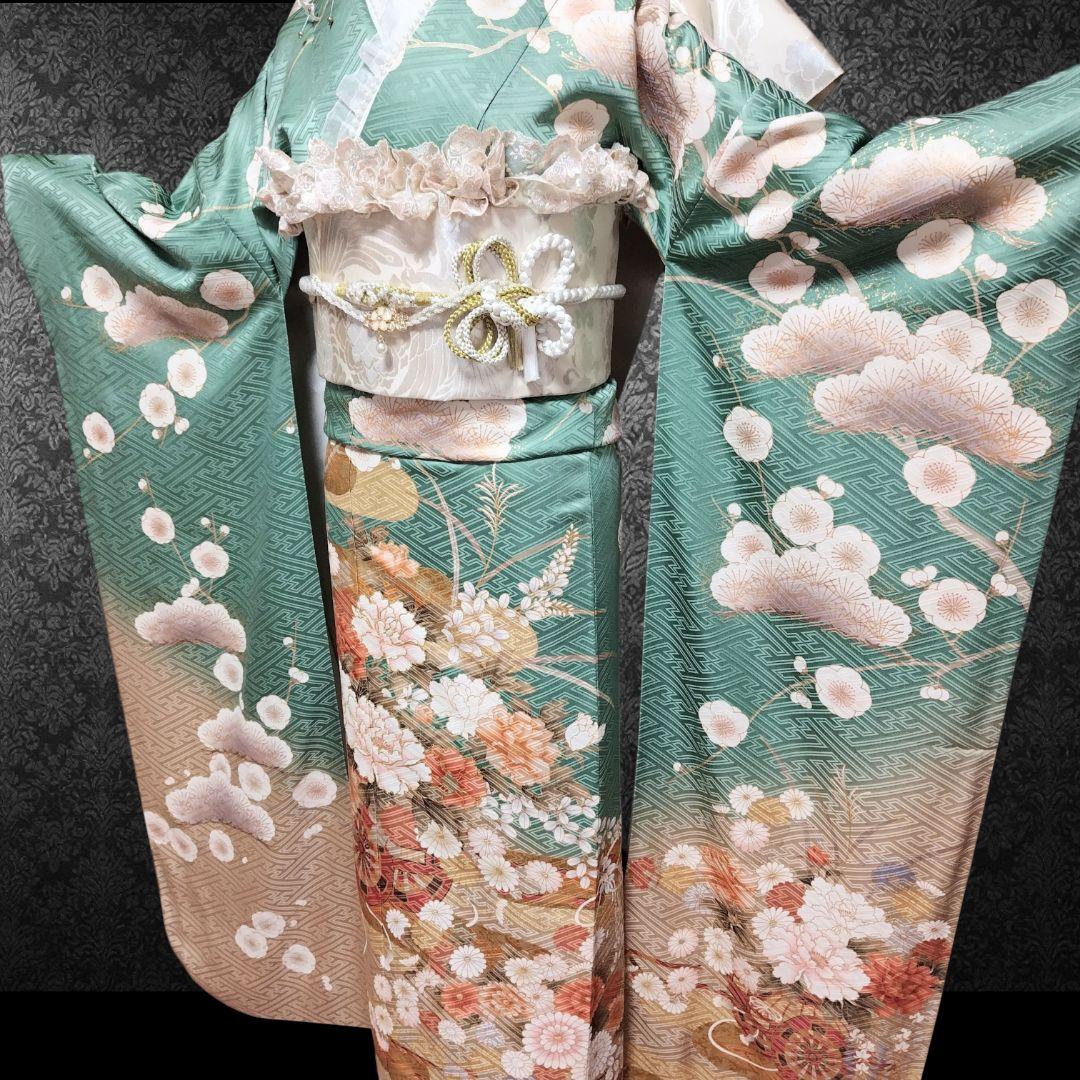振袖フルセット(8点)・成人式・金駒刺繍・牡丹・ミントグリーン・くすみカラー