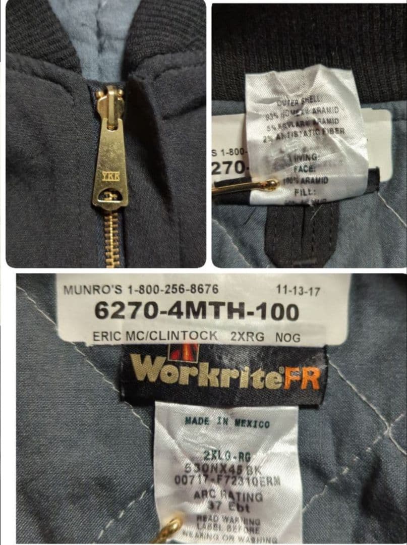 【美品】WorkriteFR企業系刺繍ロゴワークジャケット2XR難燃 中綿黒