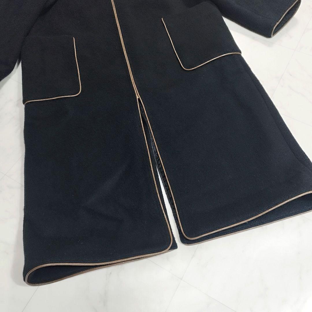 シップスエニィ　ノーカラー パイピング ロングコート　ブラック