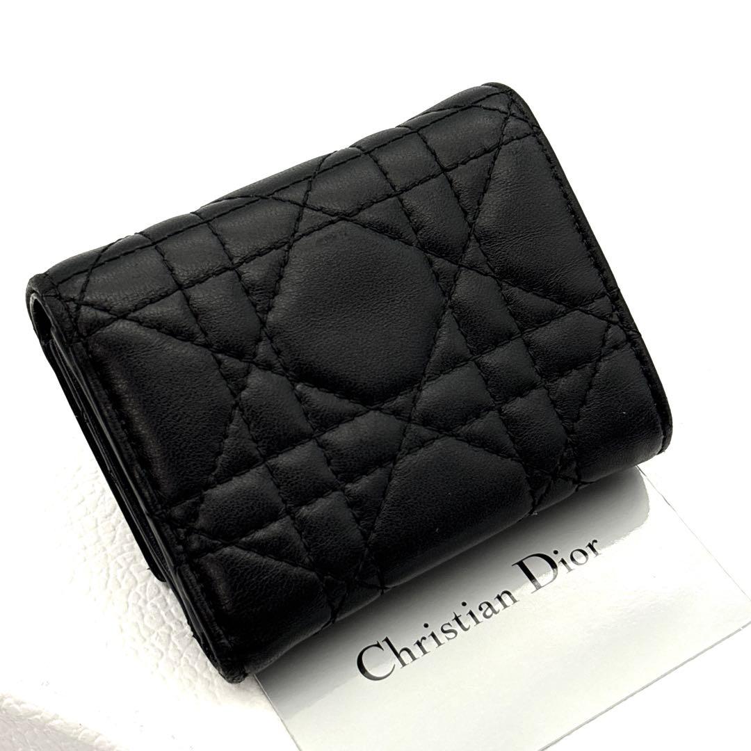 極美品◆DIOR 三つ折り財布 カナージュ レディディオール チャーム ブラック