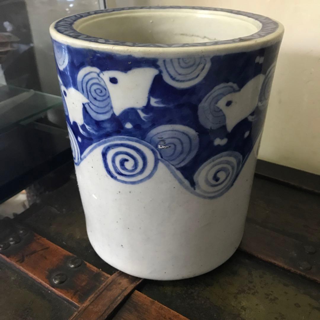 美品　陶器　年代物　鉢　火鉢　手炙り　古道具　染付の絵柄が可愛い　鉢カバーにも