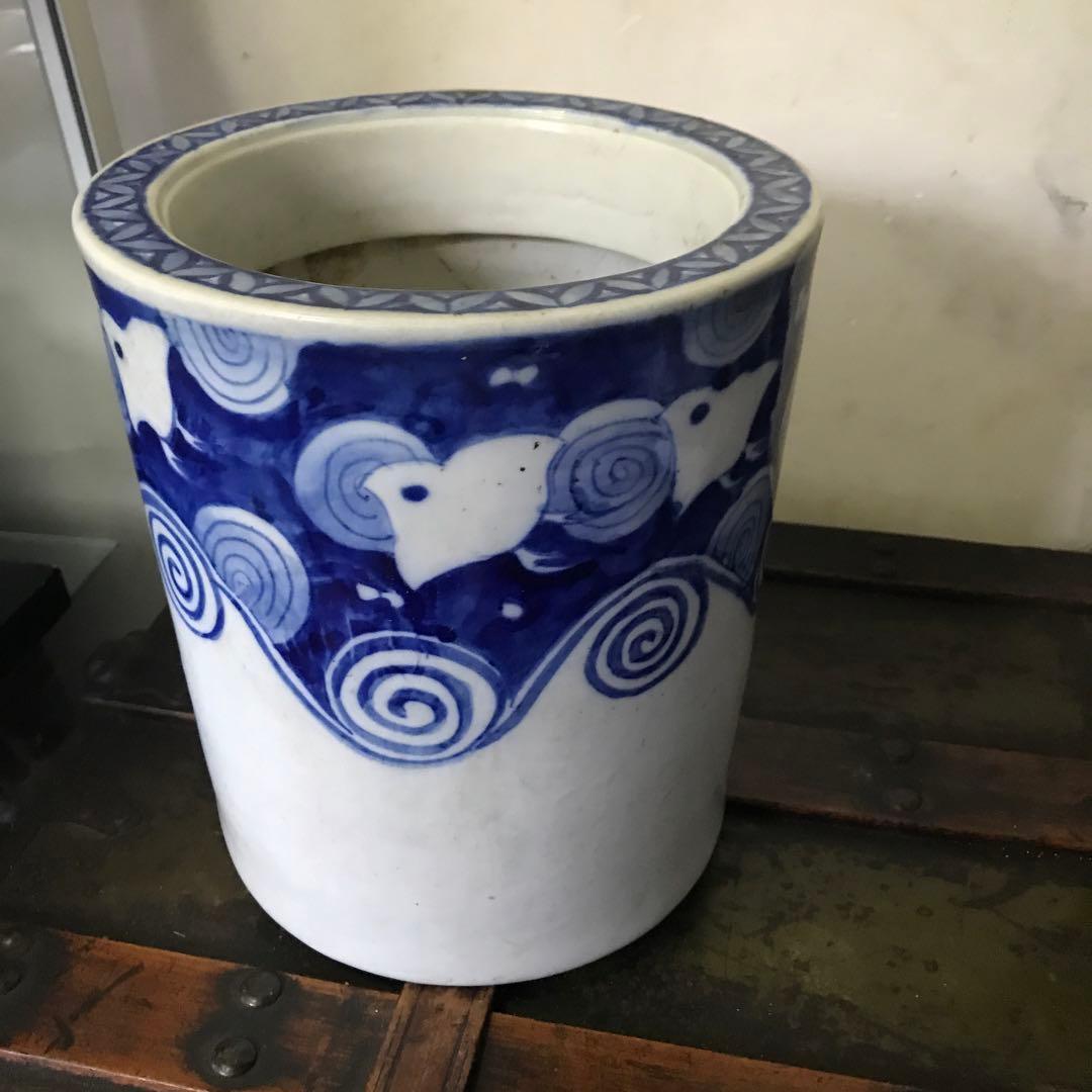 美品　陶器　年代物　鉢　火鉢　手炙り　古道具　染付の絵柄が可愛い　鉢カバーにも
