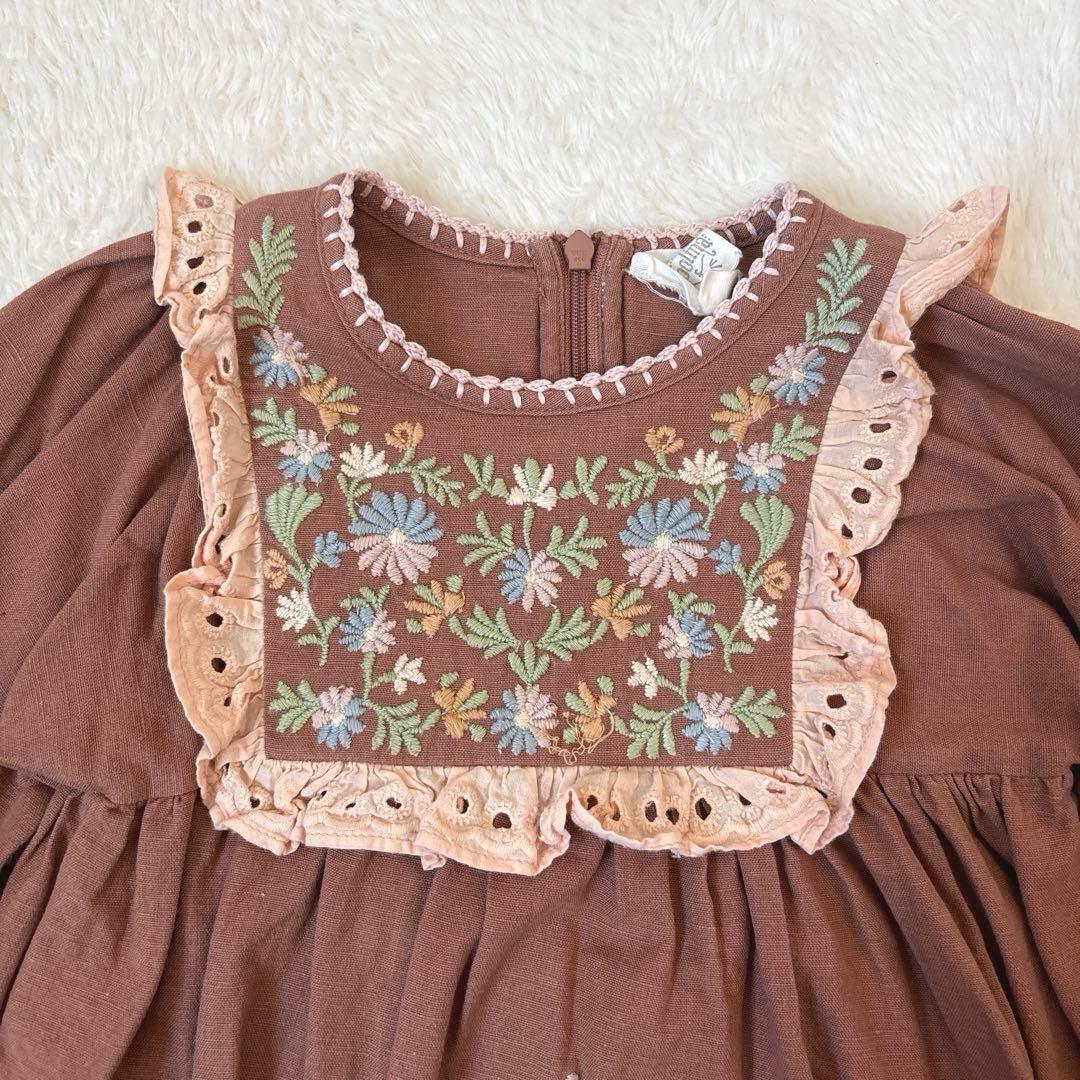 アポリナ　長袖　ワンピース　刺繍　2-3y 90 95 100 ブラウン　茶