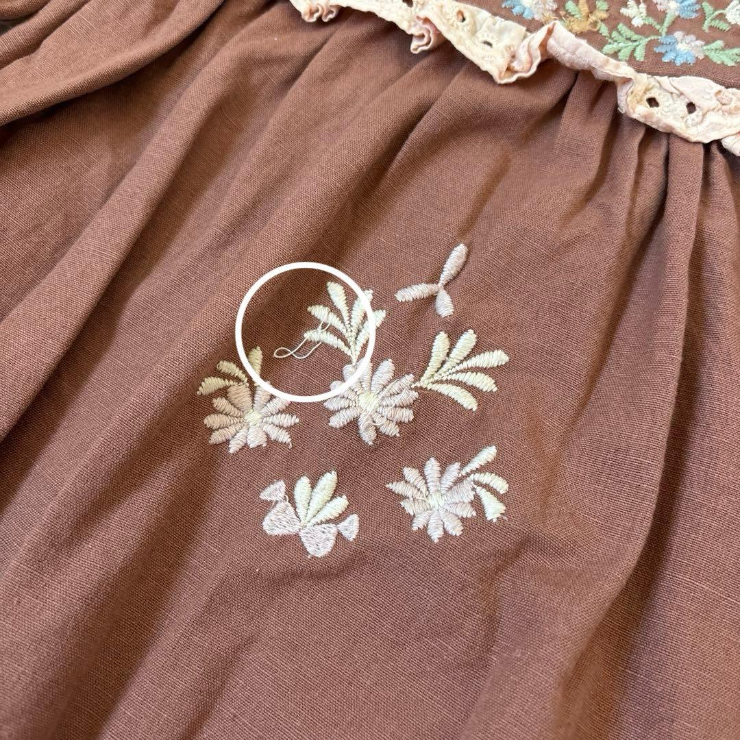 アポリナ　長袖　ワンピース　刺繍　2-3y 90 95 100 ブラウン　茶