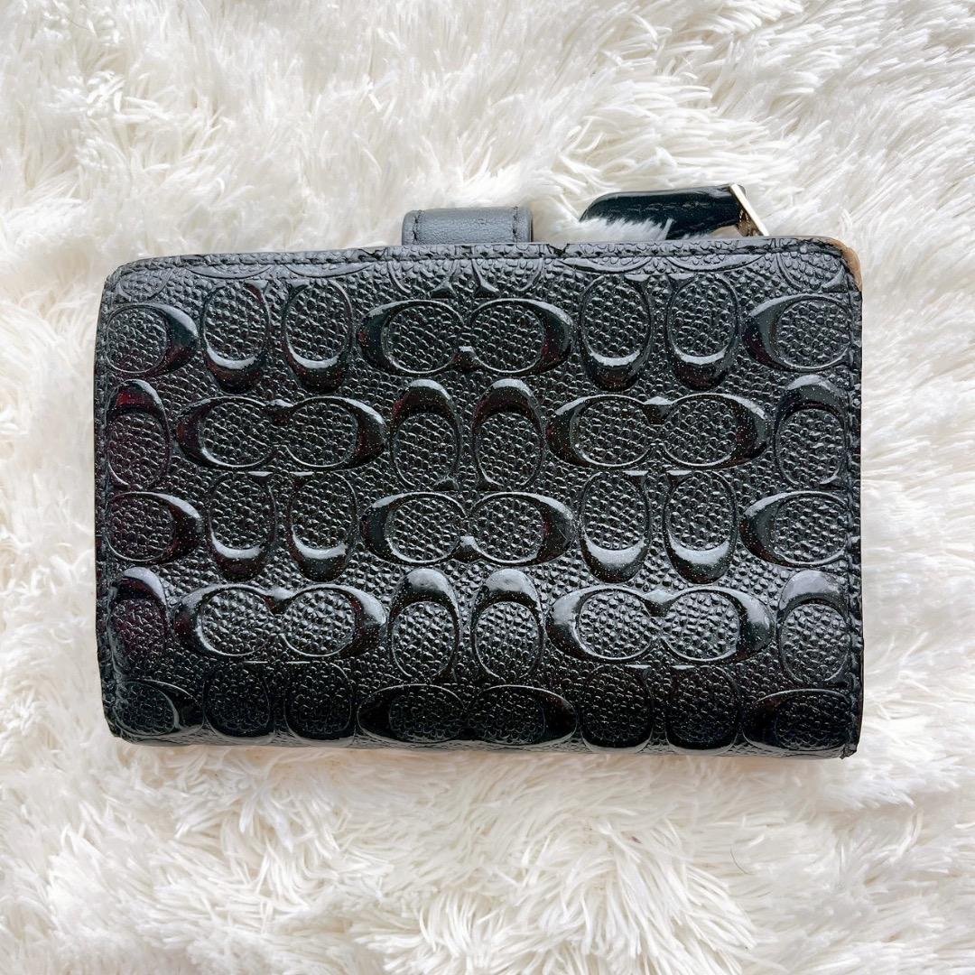 COACH コーチ 二つ折り財布 シグネチャー エナメル ブラック レザー