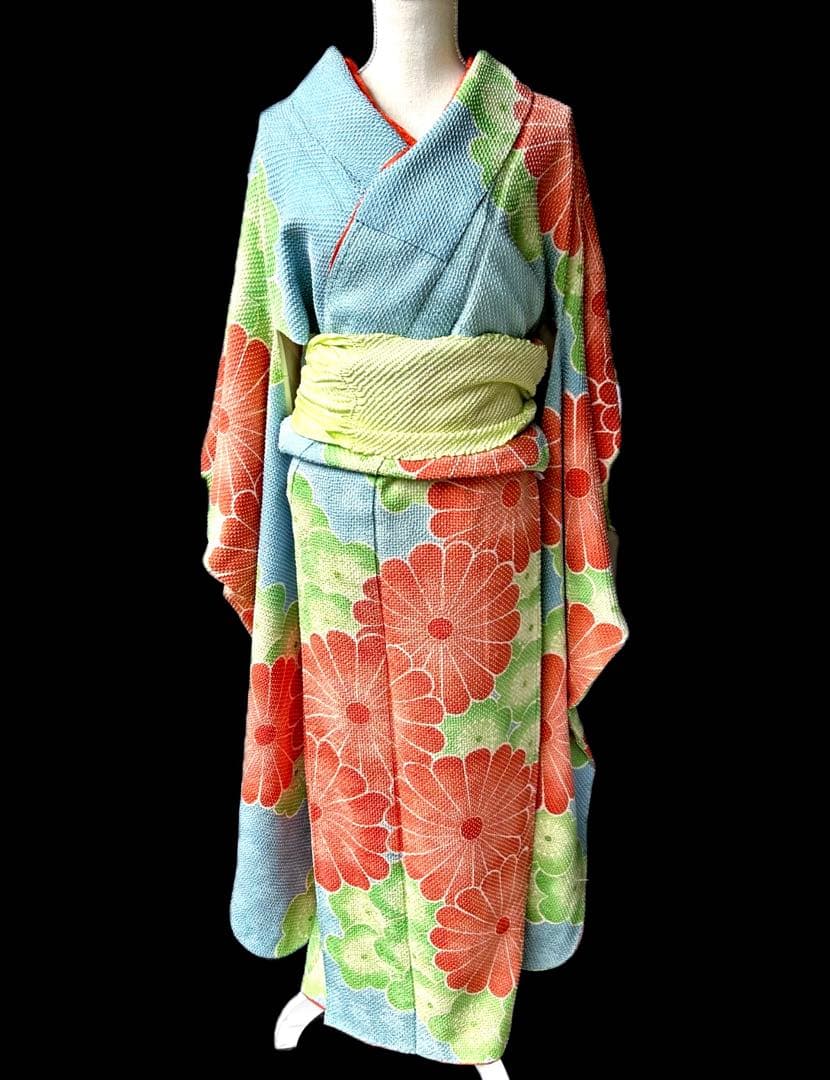 藤娘きぬたや　振袖　重ね襟付き　 水色　オレンジ　フラワー　可愛い花柄