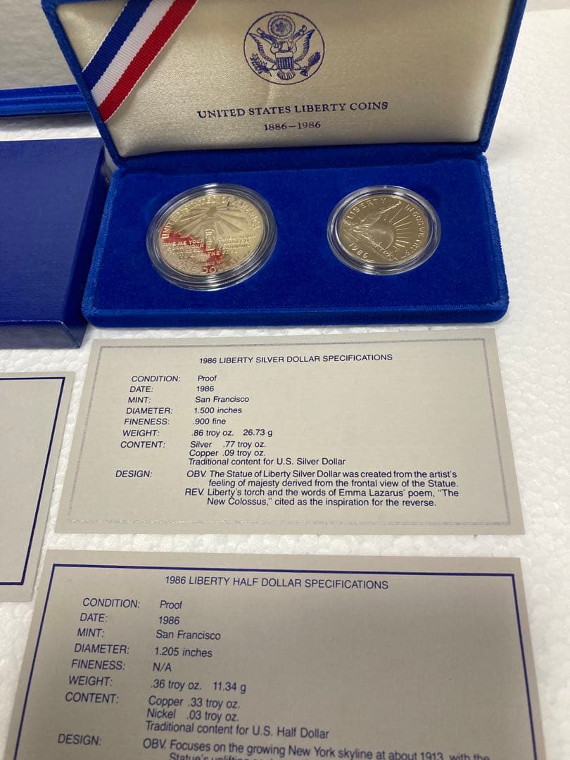 1986年、アメリカ自由の女神100周年プルーフ￼記念硬貨2枚セット￼