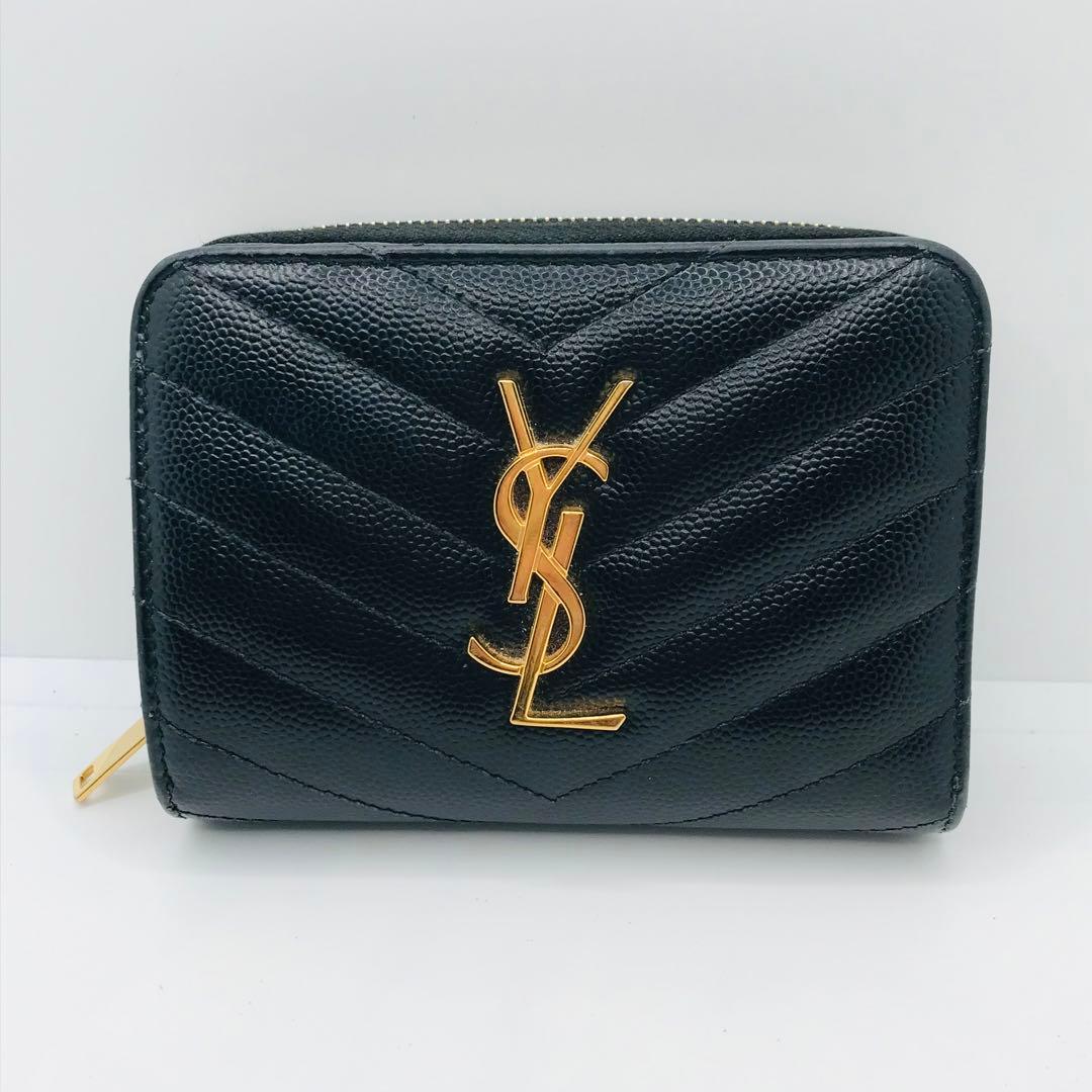 イヴサンローラン✨キャビアスキン カサンドラ 二つ折り財布 Vステッチ 黒 希少