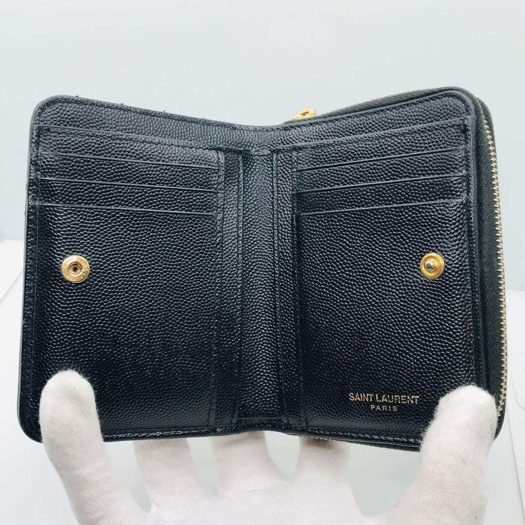 イヴサンローラン✨キャビアスキン カサンドラ 二つ折り財布 Vステッチ 黒 希少