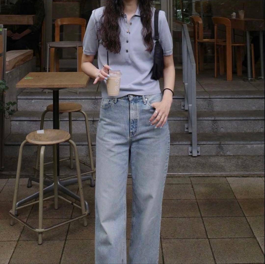 トップス CLANE SHOULDER PADS POLO KNIT TOPS BLUE