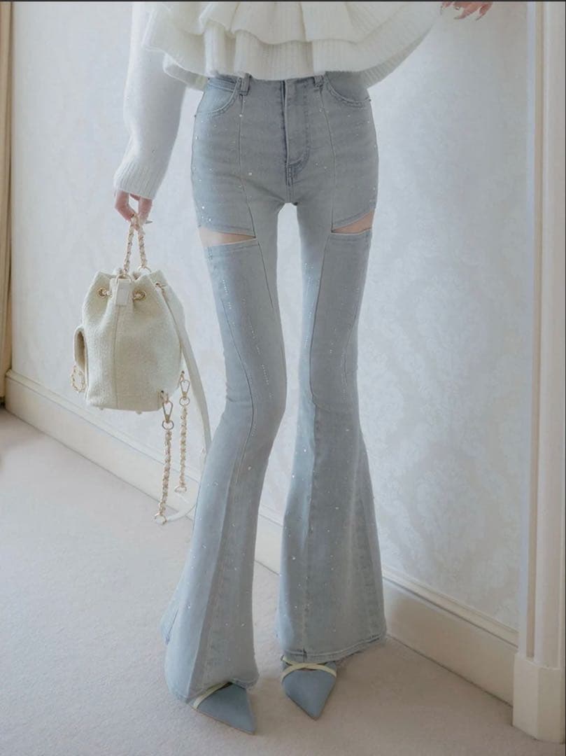 ダーリッチ　ドロップビジューフレアデニムパンツ　XS　アイスブルー