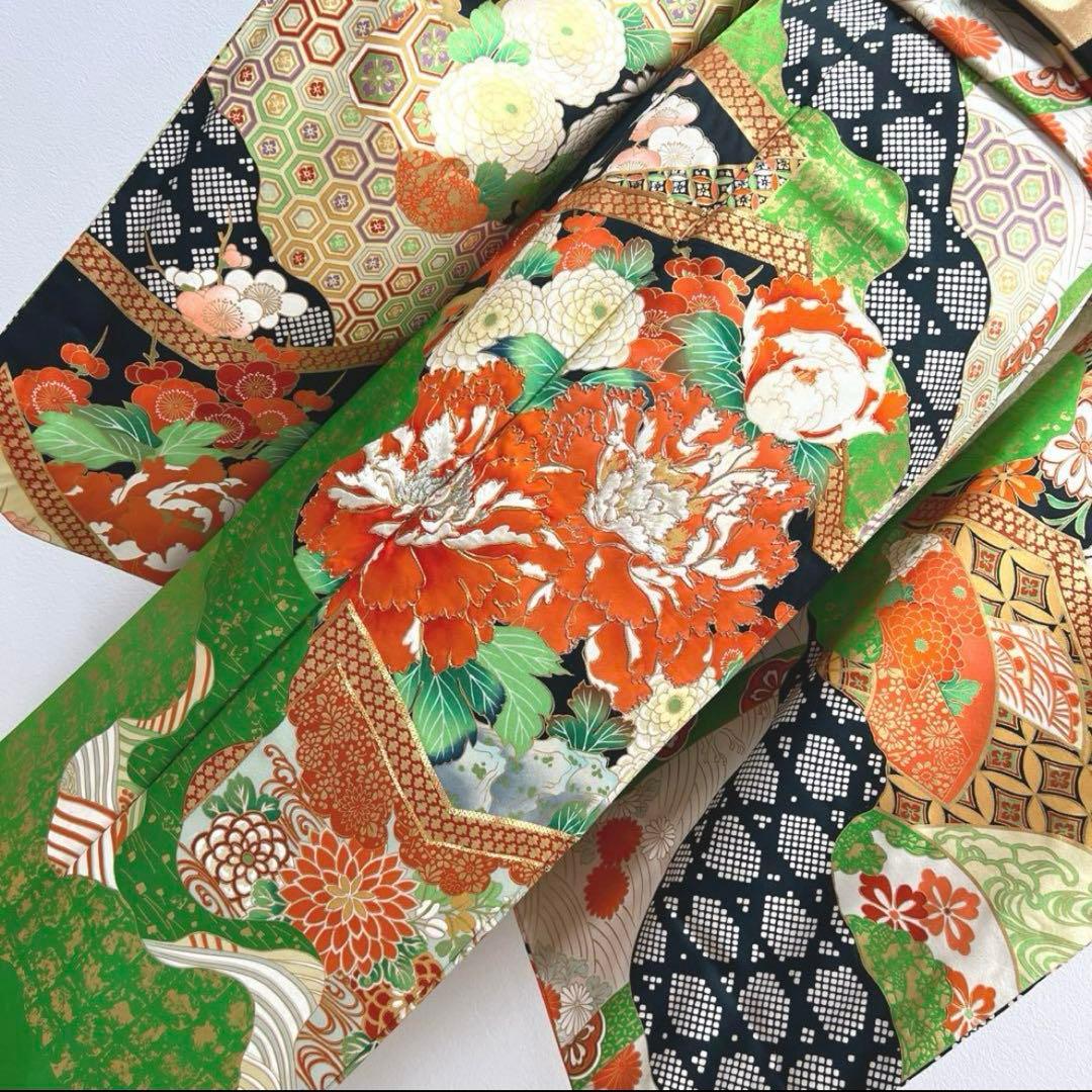 は*ま様 268 振袖フルセット 正絹 流水草花屏風文 オレンジ 緑 黒金彩 駒