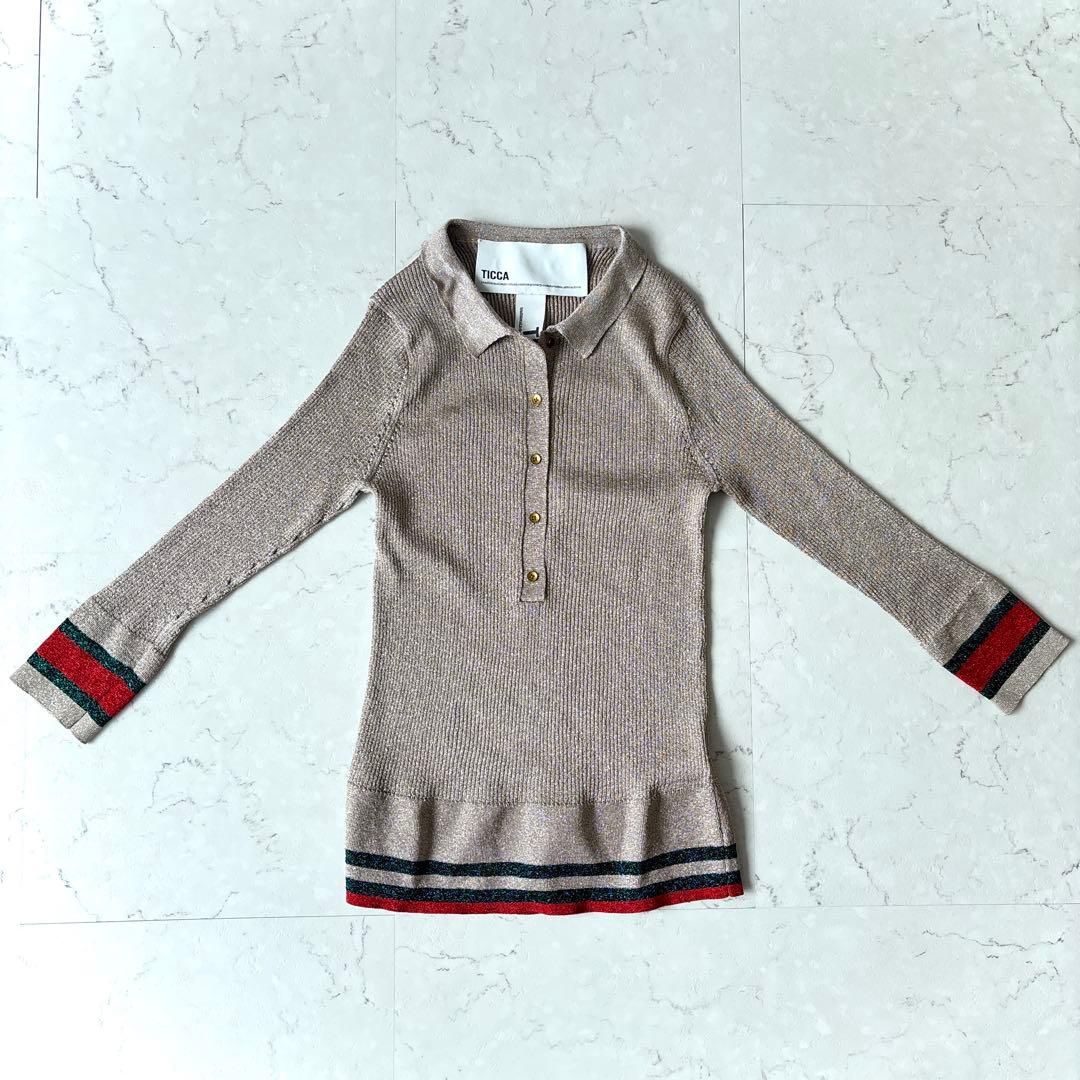 美品 ティッカ ラメ ライン入り 5分袖リブ編み ポロニット ブロンズTICCA