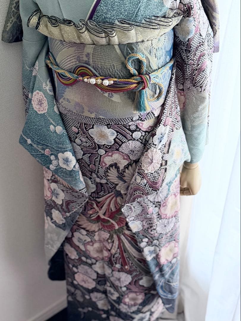 振袖 青色と紫色の花柄 フルセット
