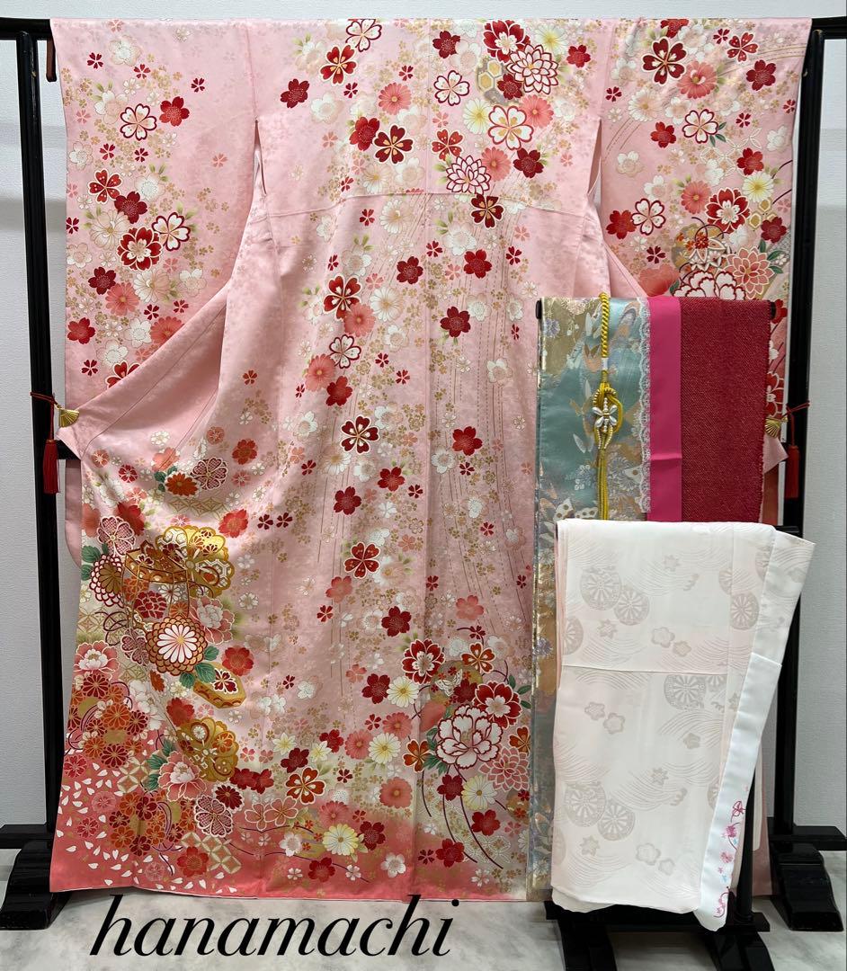 振り袖　フルセット　別誂長襦袢　金彩加工　刺繍入り　全通袋帯　長尺帯締め　850