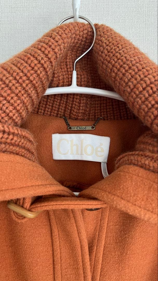 Chloe キャメルオレンジ ロングニットコート フード付き