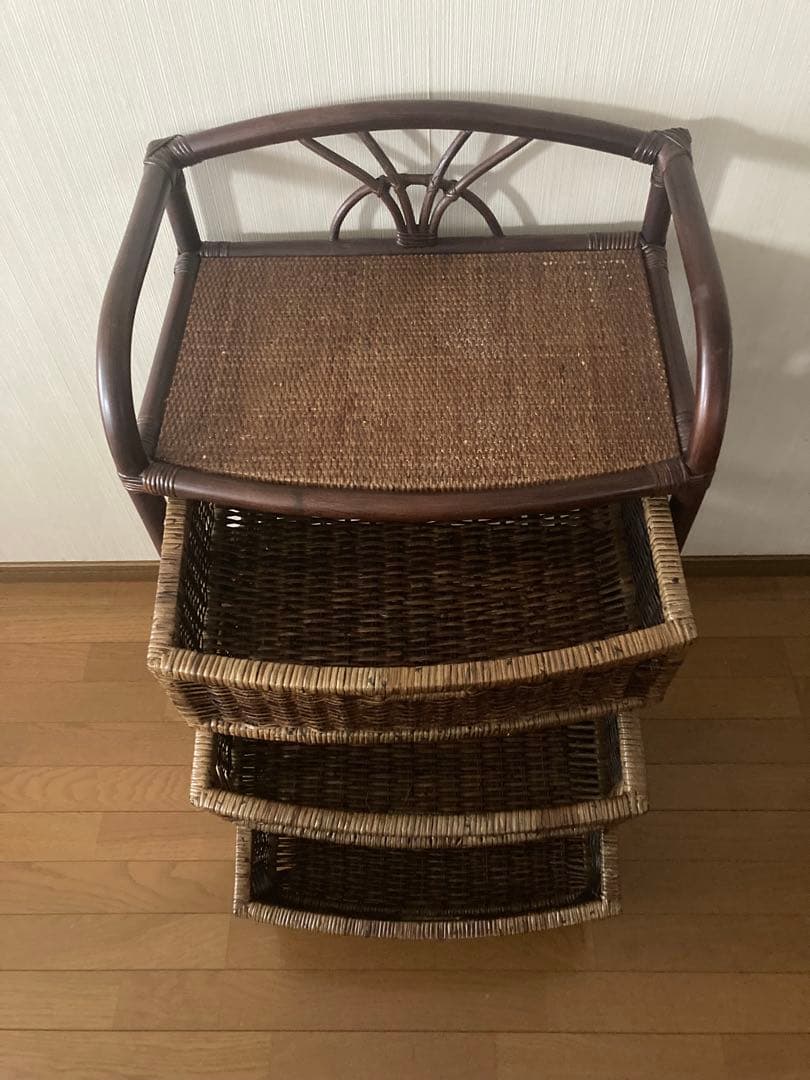 【美品】2WAY キャスター付3段ラタンチェスト 昭和レトロ 箪笥 籐家具