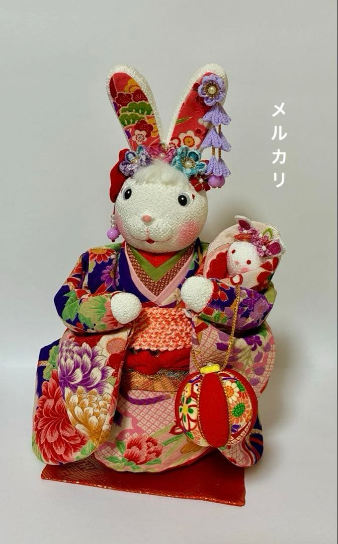 【うさぎの創作人形】ちりめん細工　縮緬細工　うさぎの置物　和風うさぎ