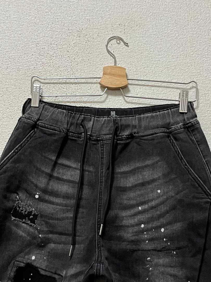 カンビオ　サルエルジョッパーズイージーデニム　/S　ブラック　ストレッチ　リペア