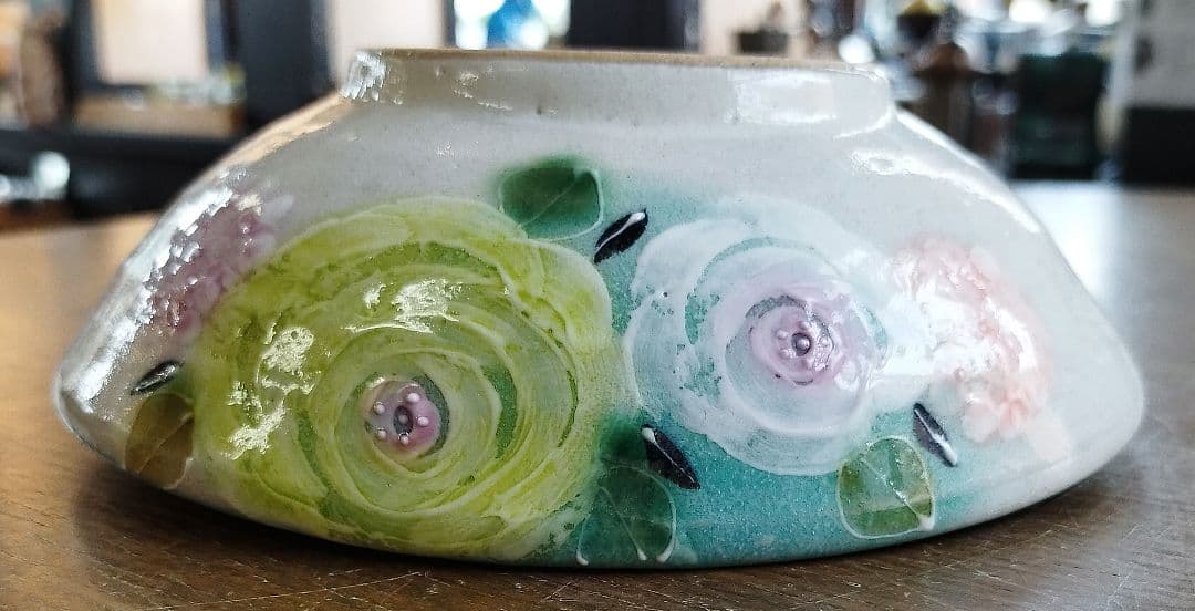 【新品・未使用】工房ゆずりは　緑彩ローズ　おしゃれ鉢　スープ碗　陶器　鉢　食器