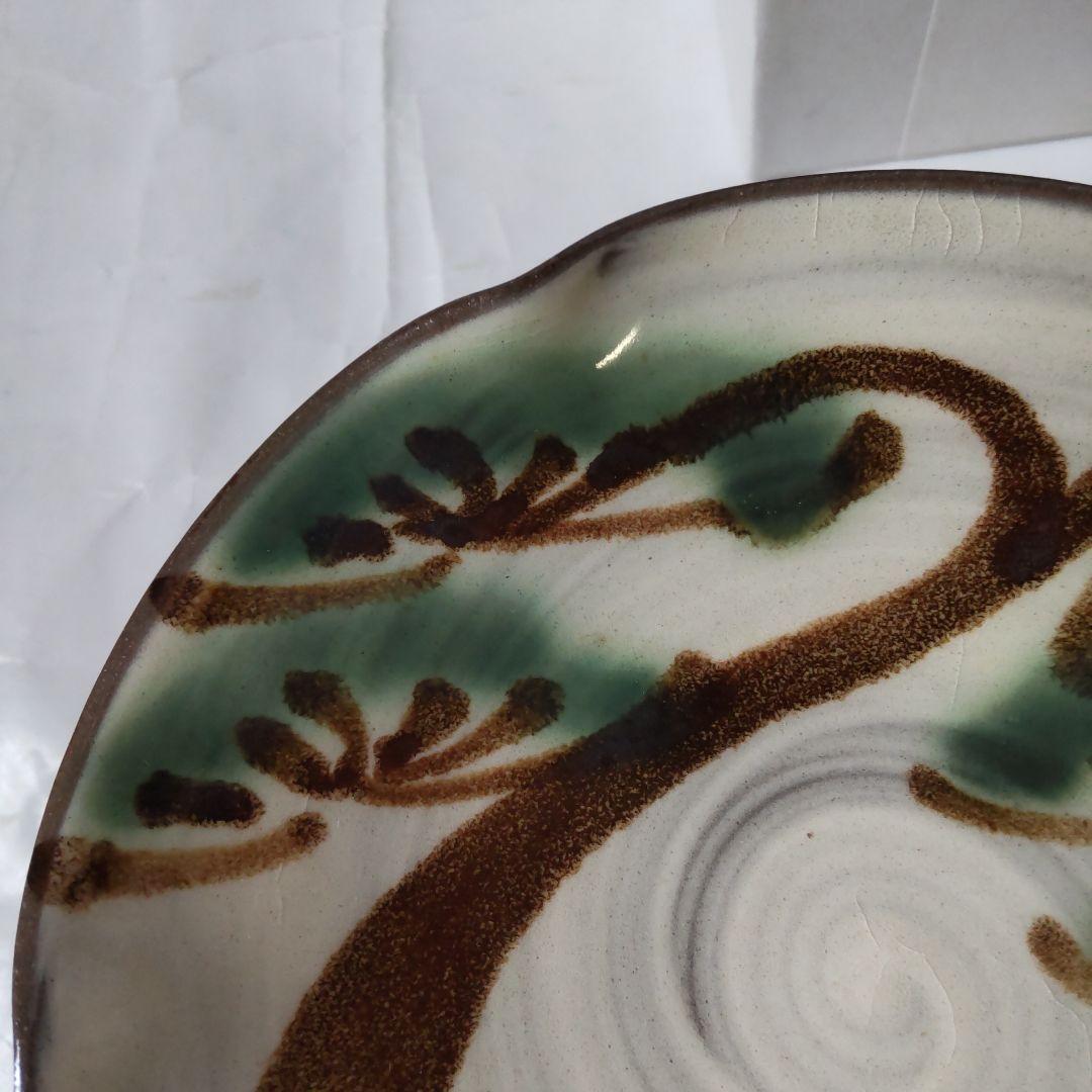 茶道具 唐津焼 指月庵 清水滋雄 造 高台菓子器 刷毛目 緑の松 新品 未使用品