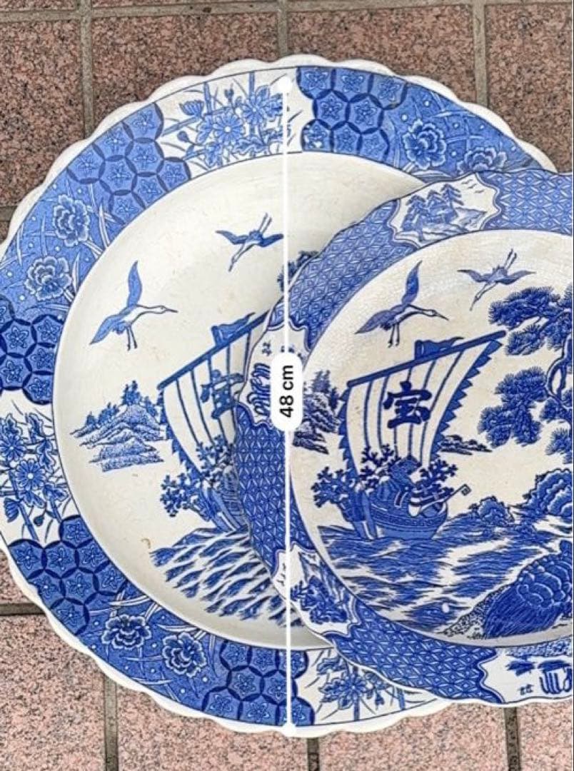 値引き対応可。青と白の陶器皿セット 48cm 35cm