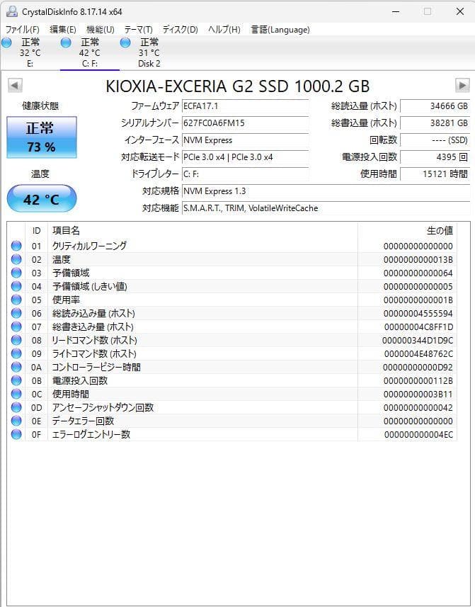 【中古】KIOXIA EXCERIA G2 1000GB NVMe SSD