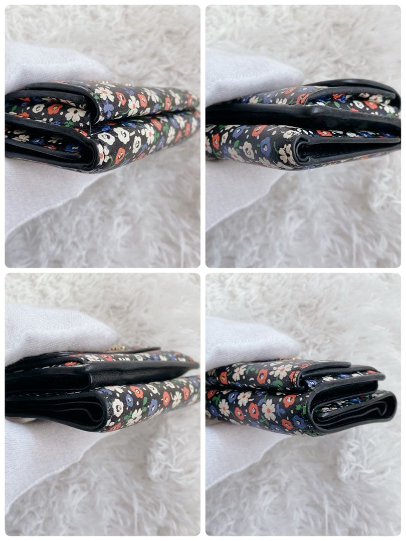 極美品✨FRID搭載 ￼ミュウミュウ 折り財布 本革 花柄 総柄 ゴールド 黒