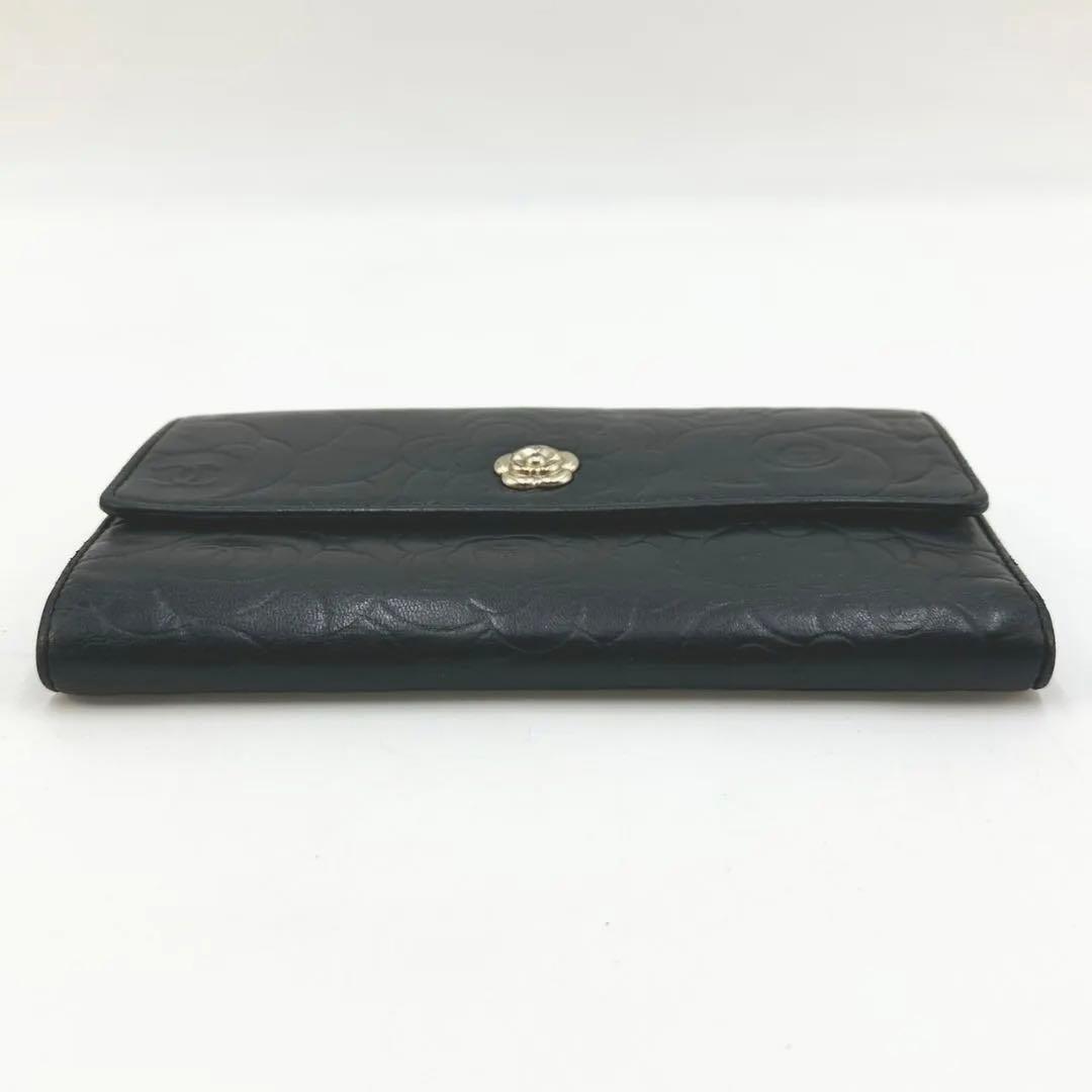 CHANEL シャネル カメリア ココマーク ラムスキン 三つ折り長財布 黒