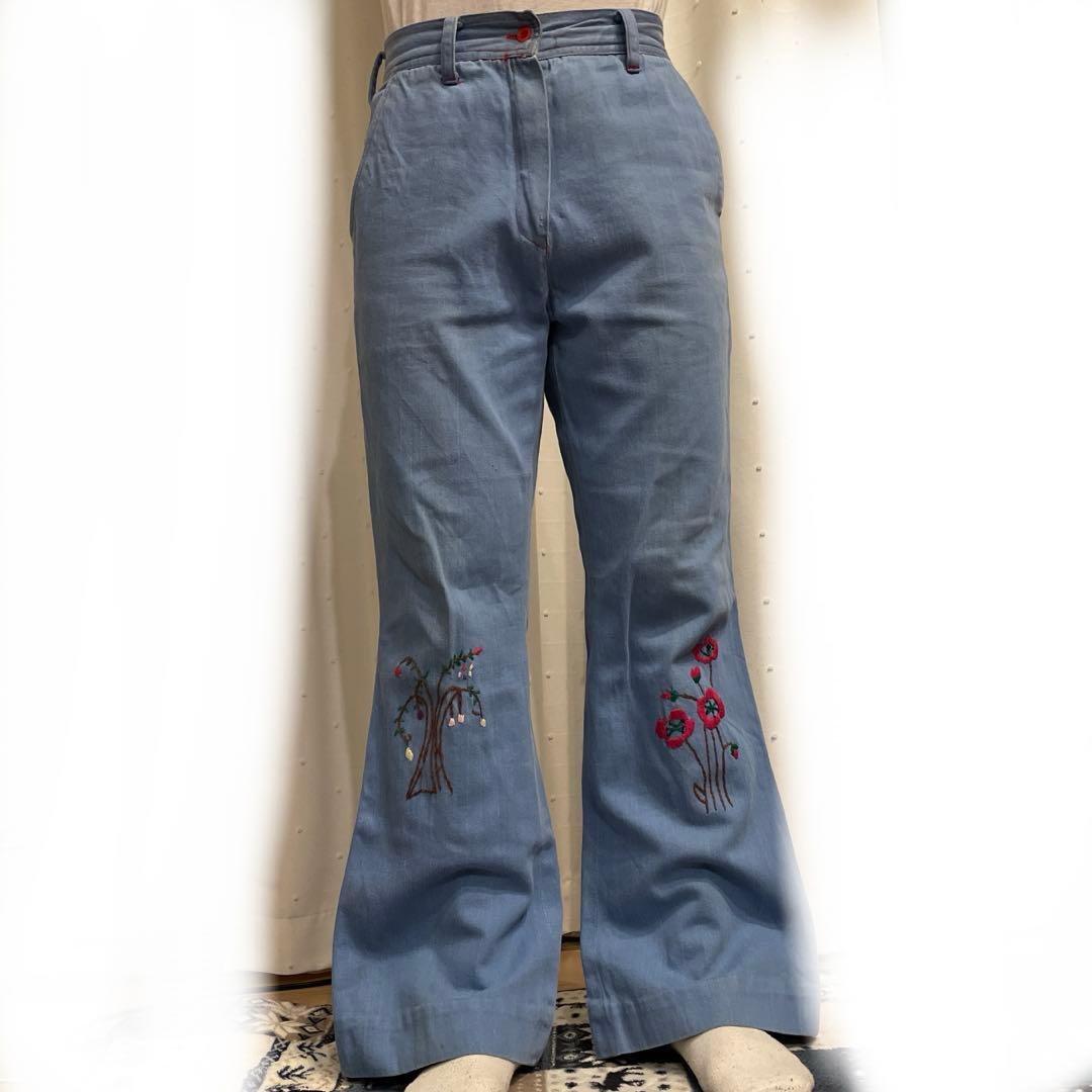 60s〜70s刺繍付きシャンブレーフレアパンツ　starジップ　vintage