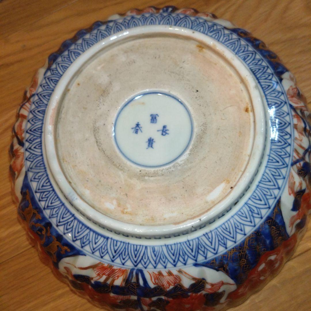 古伊万里　手描き 赤絵 金彩 輪花形 大鉢 唐花 アンティーク食器