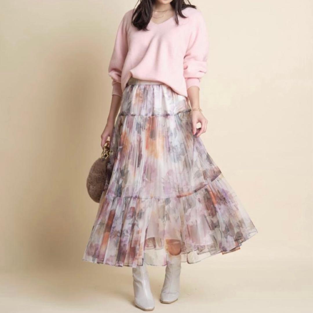 美品☆JUSGLITTY ブラーフラワープリントスカート ボルドー2(M)