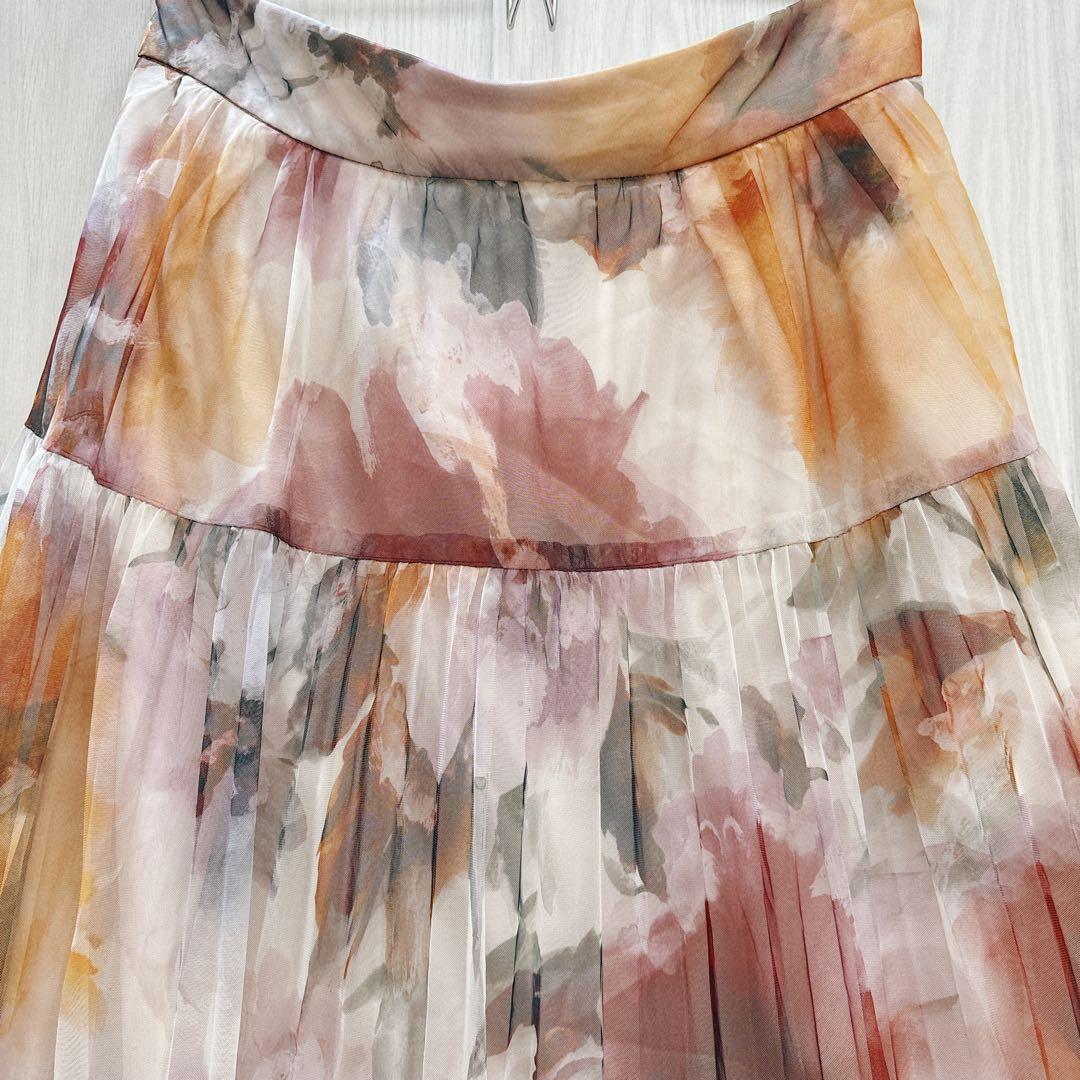 美品☆JUSGLITTY ブラーフラワープリントスカート ボルドー2(M)