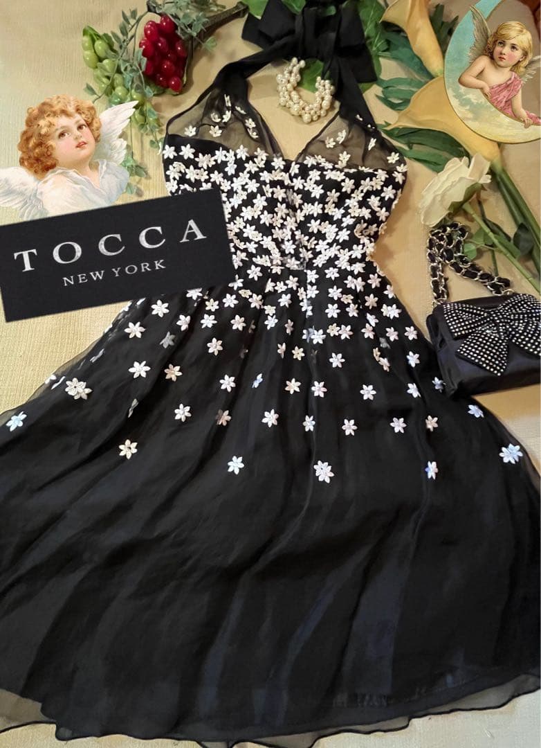 TOCCA トッカ チュールレースと立体小花刺繍 シルクワンピース L