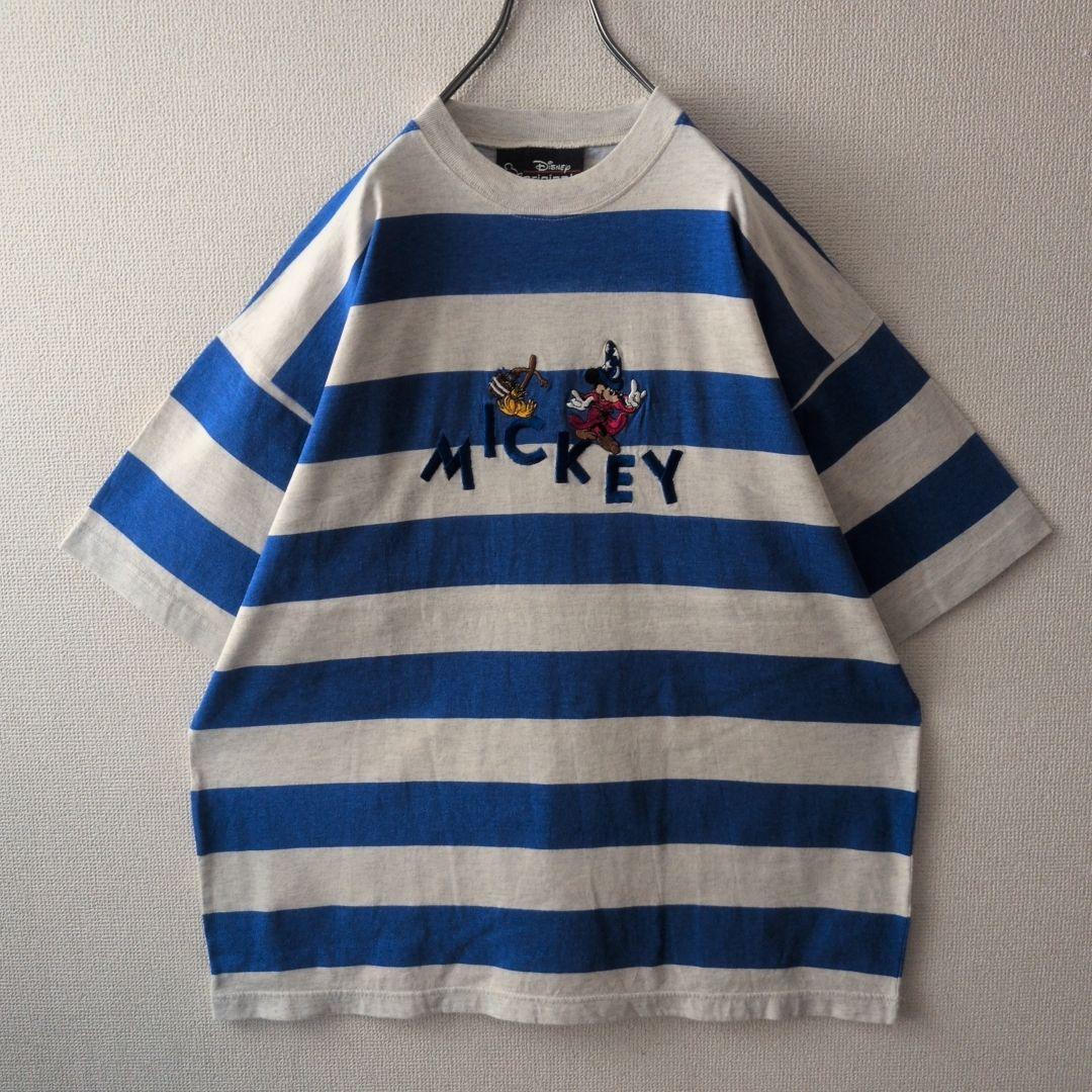 人気デザイン☆USA製 ディズニー ミッキー 刺繍 太ボーダー Tシャツ 3L