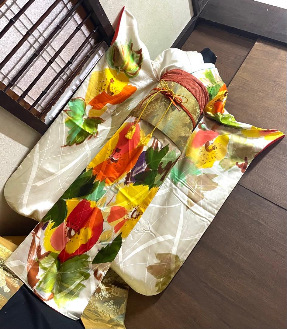 振袖 フルセット6点サイズM 〜Ｌ作家物　手描き　草花文　正絹