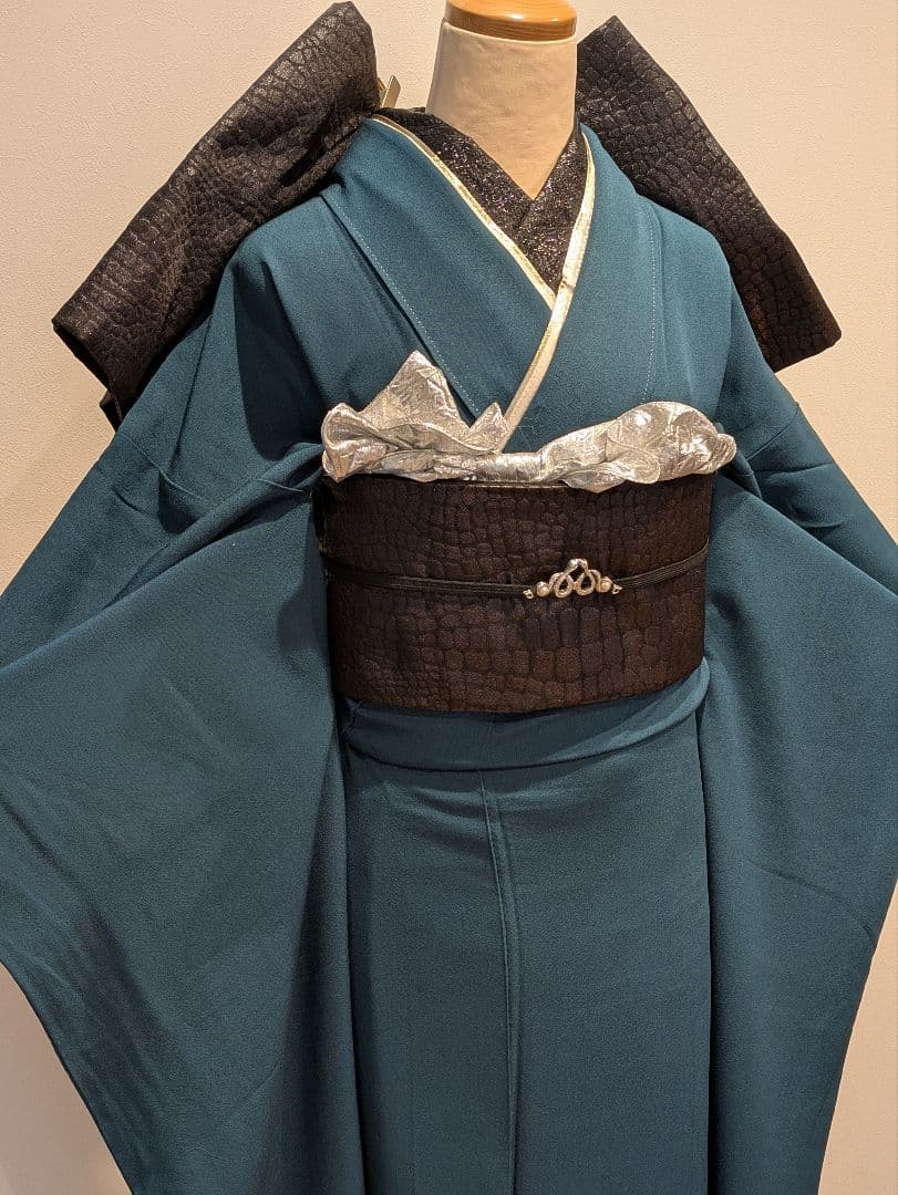 振袖フルセット 身丈165裄68 色無地振袖 青緑 褐返色 成人式 逸品