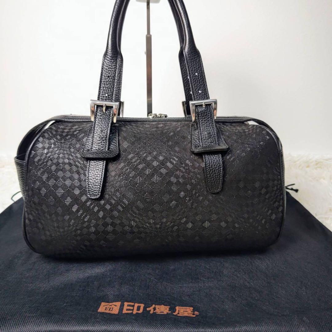 印傳屋 インデンヤ レザー 鹿革 ミニボストンバッグ ブラック