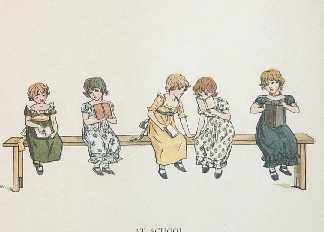 ケイト　グリナウエイの絵本　多色刷りの木版画でつくられた　綺麗な絵本の1ページ