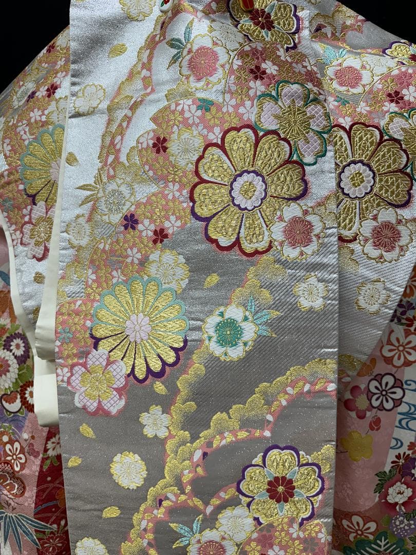 吉澤友禅 ピンク地 古典柄 金駒刺繍 松竹梅 振袖 袋帯フルセット