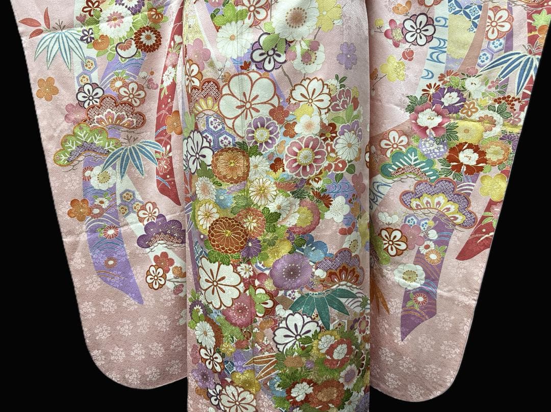 吉澤友禅 ピンク地 古典柄 金駒刺繍 松竹梅 振袖 袋帯フルセット
